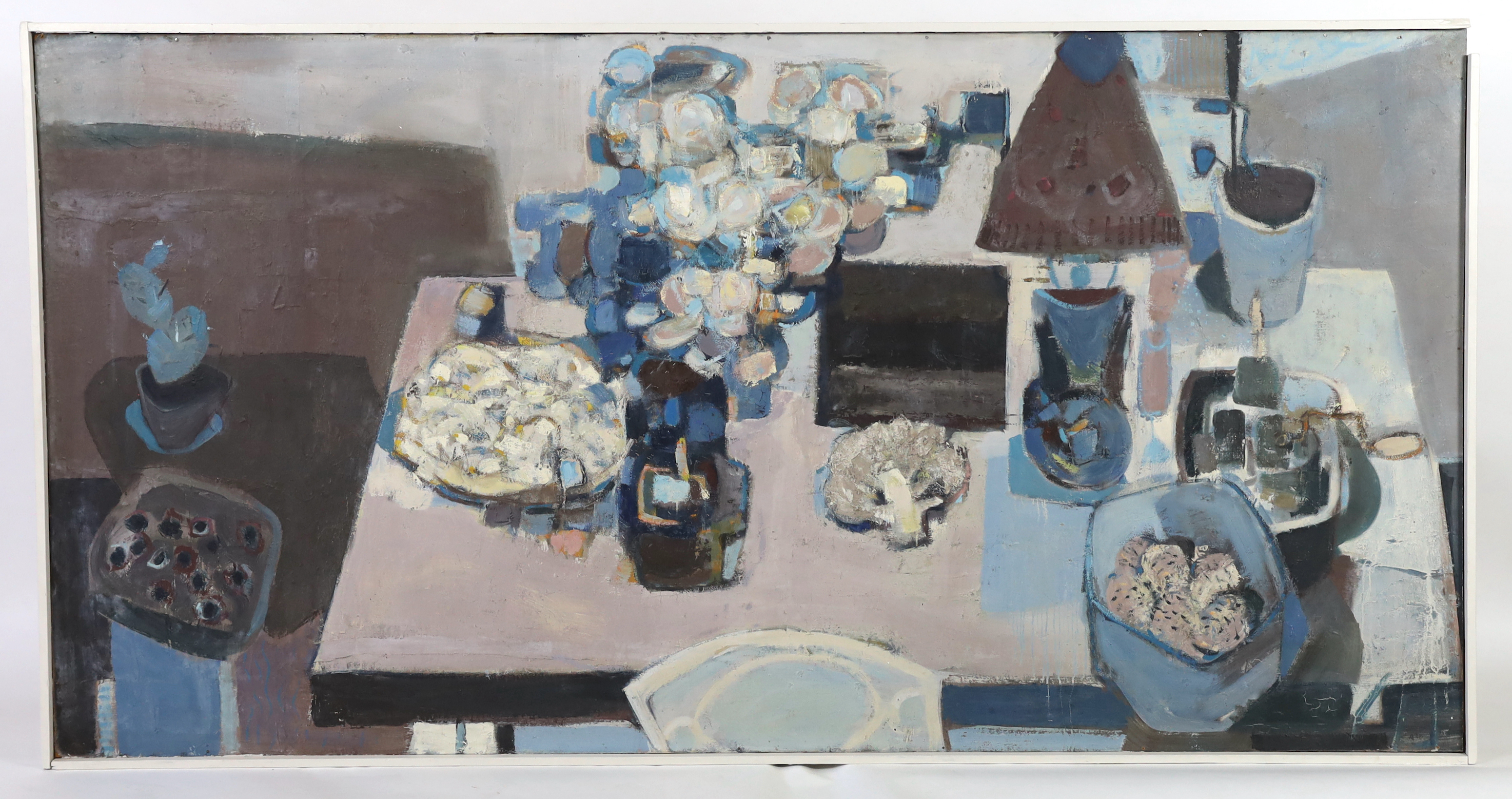 Anthony Whishaw RA (English, 1930-), 'Blue still life', oil on board, 122 x 239cm